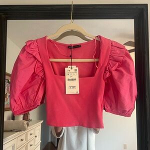 Zara Pink Ruffled Puff Sleeve Crop Top